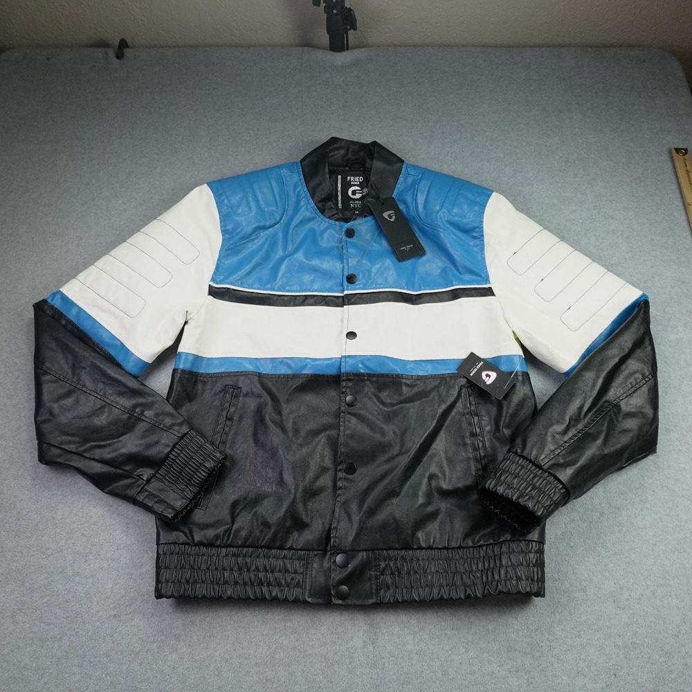 Fried Denim Jacket Mens Medium Blue Black White Biker Racing Faux Leather